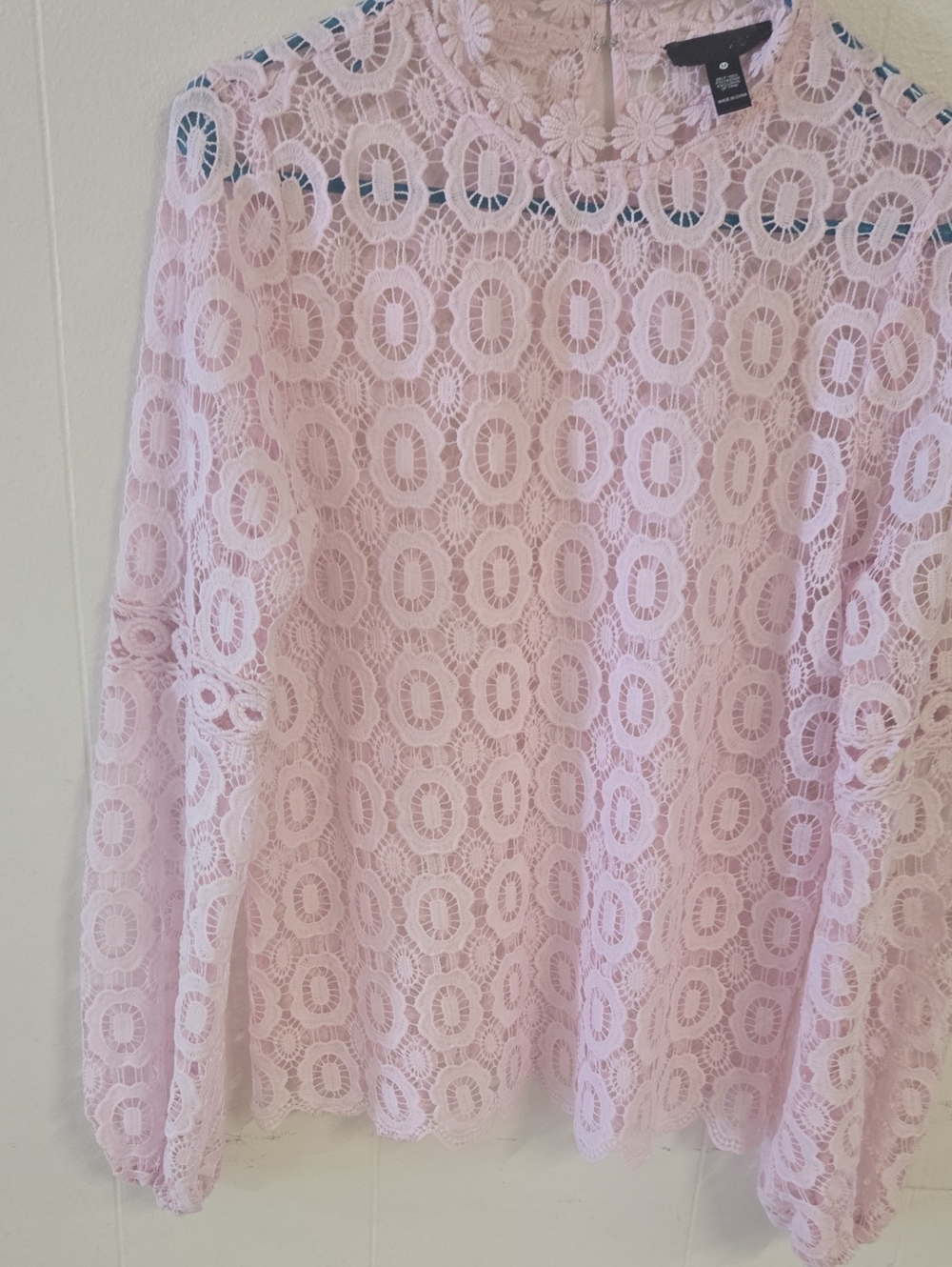 Aqua Light Pink Lace Long-Sleeve Blouse